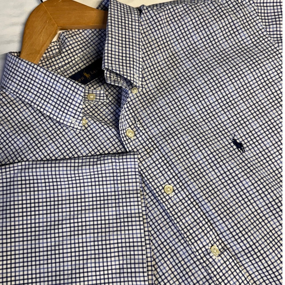 Polo Ralph Lauren Mens XXL Blue White Gingham Short Sleeve Button Down Shirt